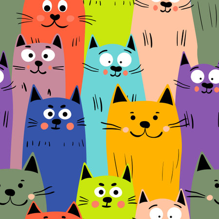 Seamless pattern with cute kitten print. Different scandy cats on color background. Scandinavian style illustration for kids. Vector illustration for fabric, textile, wallpaper, home clothing, pajamaのイラスト素材