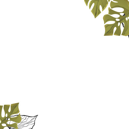 Floral frame with colorful exotic branches on white background. Ornate border with tropic leaves. Vector stock illustration for wallpaper, posters, card. Doodle style. Copy spaceのイラスト素材