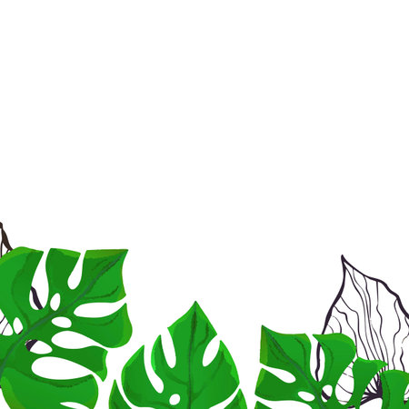 Floral frame with colorful exotic branches on white background. Ornate border with tropic leaves. Vector stock illustration for wallpaper, posters, card. Doodle style. Copy spaceのイラスト素材