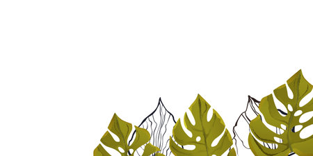 Floral frame with colorful exotic branches on white background. Ornate border with tropic leaves. Vector stock illustration for wallpaper, posters, card. Doodle style. Copy spaceのイラスト素材