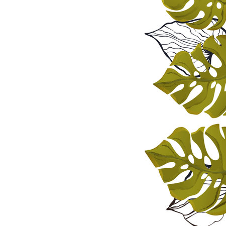 Floral frame with colorful exotic branches on white background. Ornate border with tropic leaves. Vector stock illustration for wallpaper, posters, card. Doodle style. Copy spaceのイラスト素材