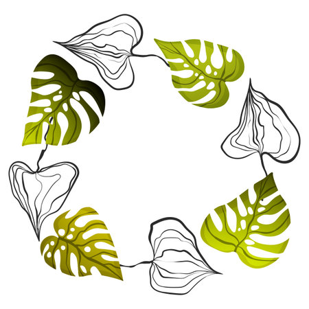 Circle floral frame with colorful monstera leaves on white background. Ornate border with tropic branches. Vector hand drawn illustration for wallpaper, posters, card. Doodle style. Copy spaceのイラスト素材