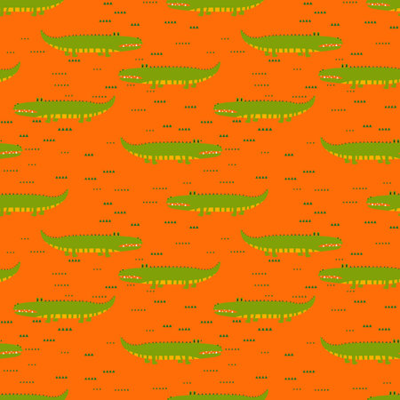 Animal seamless pattern with cartoon crocodiles on color background. Cute holiday illustration with crocodile for baby. Design for invitation, poster, card, fabric, textile, wrapperのイラスト素材