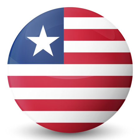 Glass light ball with flag of Liberia. Round sphere, template icon. Liberian national symbol. Glossy realistic ball, 3D abstract vector illustration highlighted on a white background. Big bubbleのイラスト素材