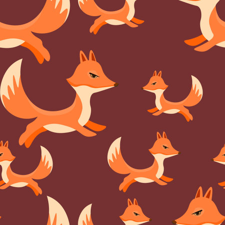 Seamless pattern with cute fox baby on color background. Funny forest animals. Card, postcards for kids. Flat vector illustration for fabric, textile, wallpaper, poster, paperのイラスト素材