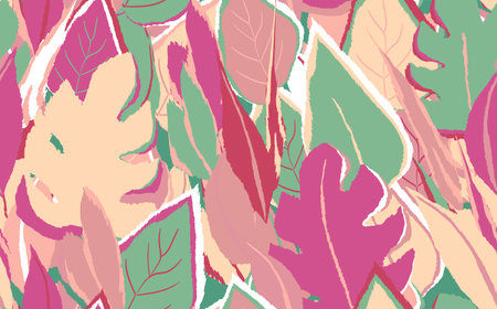Floral seamless with hand drawn color exotic monstera leaves. Cute summer background. Tropic...