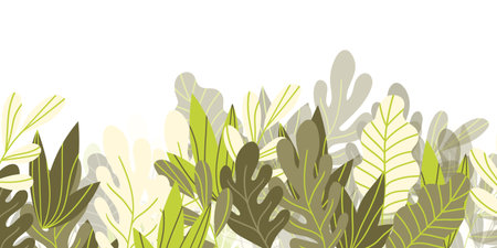 Floral frame with colorful exotic branches on white background. Ornate border with tropic leaves. Vector stock illustration for wallpaper, posters, card. Doodle style. Copy spaceのイラスト素材