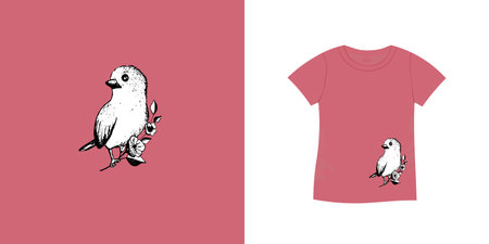 T-shirt with bird pattern. Women jersey, sport uniform kit, short fashion top, round neck blouse. Sketch Illustration. Template mock upのイラスト素材
