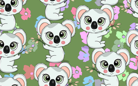Seamless pattern with cute koala baby on color background. Funny australian animals. Card, postcards for kids. Flat vector illustration for fabric, textile, wallpaper, poster, paperのイラスト素材