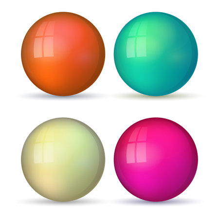 Set with glass colorful balls. Glossy realistic ball, 3D abstract vector illustration highlighted on a white background. Big metal bubble with shadowのイラスト素材