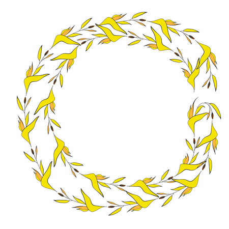 Hand drawn plants, dividers, wreaths, border frames. Circle floral frame with leaves on white background. Vector hand drawn illustration for wallpaper, posters, card. Copy space. Doodle styleのイラスト素材