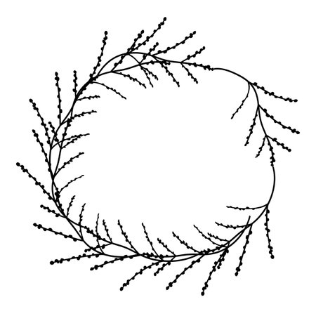 Hand drawn plants, dividers, wreaths, border frames. Circle floral frame with leaves on white background. Vector hand drawn illustration for wallpaper, posters, card. Copy space. Doodle styleのイラスト素材