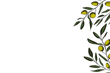 Botanic background with olive branch sketch. Ink hand drawn olives set. Botanic plant vector illustration. A sprig of an olive tree with leaves. Food concept. Wallpaper with greenery olive treeのイラスト素材