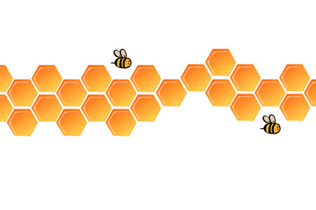 Hexagon pattern with honeycomb, cartoon bees. Vector illustration, geometric texture. Design template for invitation, card. Doodle style. Background with copy spaceのイラスト素材