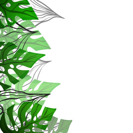 Floral frame with colorful exotic branches on white background. Ornate border with tropic leaves. Vector stock illustration for wallpaper, posters, card. Doodle style. Copy spaceのイラスト素材