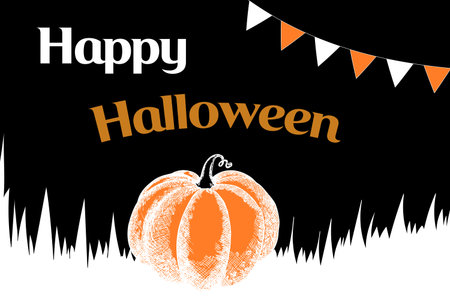 Happy halloween. Text design vector. Dark background with pumpkin monster. Trick or treat. Halloween festival illustration for decoration, prints, banner. Vector autumn holidays bannerのイラスト素材