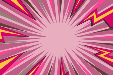 Pop art radial colorful comics book magazine cover. Striped color digital background with thunder flash. Cartoon funny retro pattern strip mock up. Vector halftone illustration. Sunburst shapeのイラスト素材