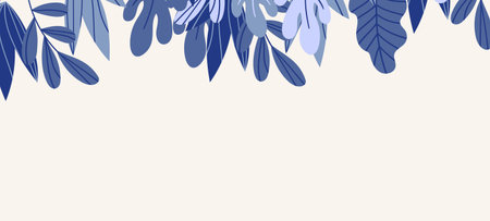 Floral web banner with drawn color exotic leaves. Nature concept design. Modern floral compositions with summer branches. Vector illustration on the theme of ecology, natura, environmentのイラスト素材