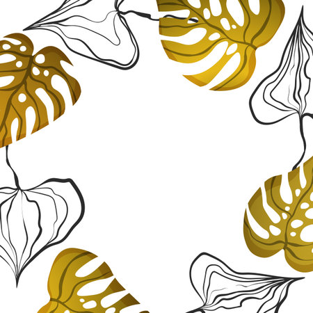 Circle floral frame with colorful monstera leaves on white background. Ornate border with tropic branches. Vector hand drawn illustration for wallpaper, posters, card. Doodle style. Copy spaceのイラスト素材