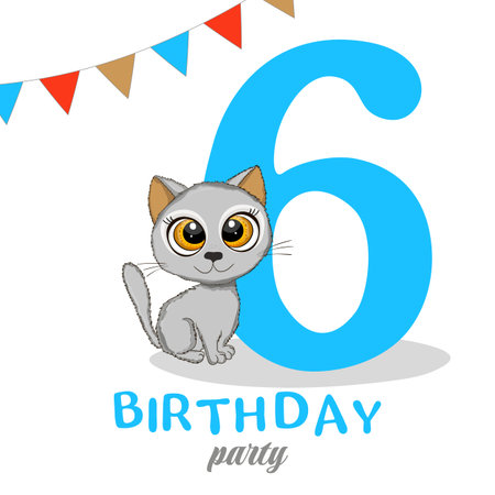 Cute little cat, sixth Birthday party, Happy birthday 6 year old. Invitation or greeting card. Vector illustrationのイラスト素材