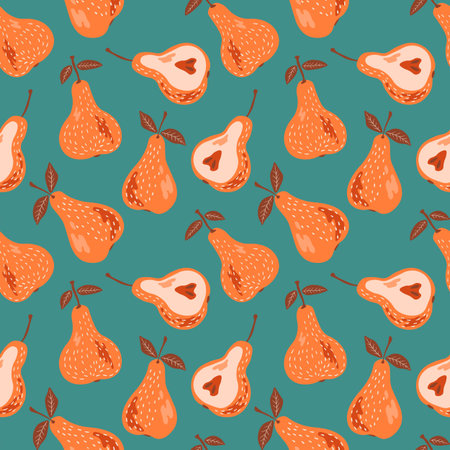 Seamless pattern with pear on color background. Natural delicious fresh ripe tasty fruit. Sweet...