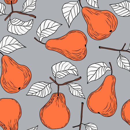 Seamless pattern with pear on color background. Natural delicious fresh ripe tasty fruit. Sweet...