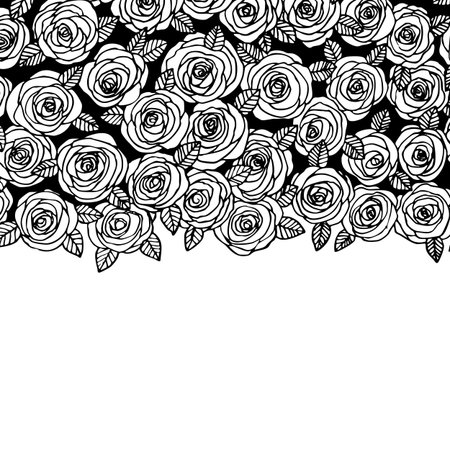 Rose flowers with leaves. Floral hand drawn art ornamental background. Doodle style. Vector illustration. Simple minimalistic nature designのイラスト素材