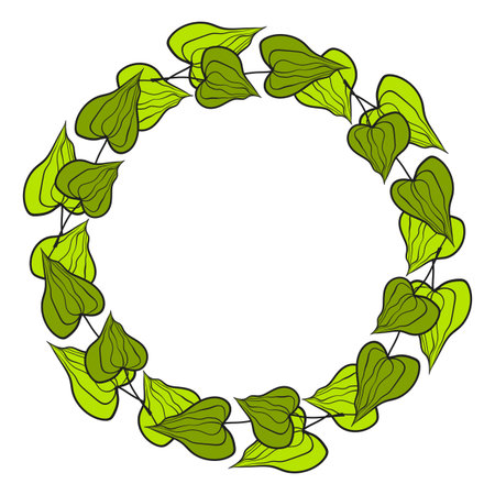 Hand drawn plants, dividers, wreaths, border frames. Circle floral frame with leaves on white background. Vector hand drawn illustration for wallpaper, posters, card. Copy space. Doodle styleのイラスト素材