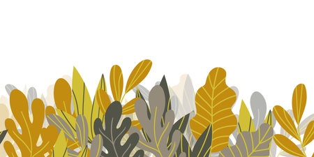 Floral frame with colorful exotic branches on white background. Ornate border with tropic leaves. Vector stock illustration for wallpaper, posters, card. Doodle style. Copy spaceのイラスト素材