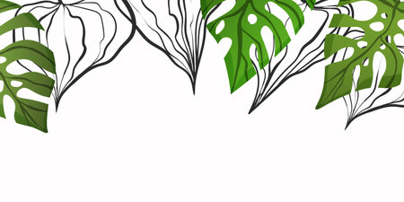 Floral frame with colorful exotic branches on white background. Ornate border with tropic leaves. Vector stock illustration for wallpaper, posters, card. Doodle style. Copy spaceのイラスト素材