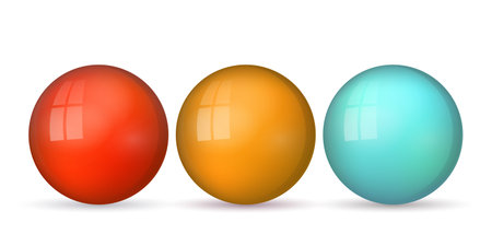 Set with glass colorful balls. Glossy realistic ball, 3D abstract vector illustration highlighted on a white background. Big metal bubble with shadowのイラスト素材