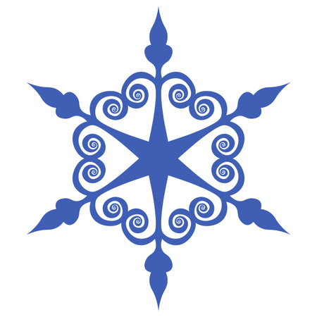 Blue template snowflake. Isolated snowflakes icon, round mandala. Winter Holiday cartoon flat illustration. Merry Christmas and New year Vector. Hand draw styleのイラスト素材