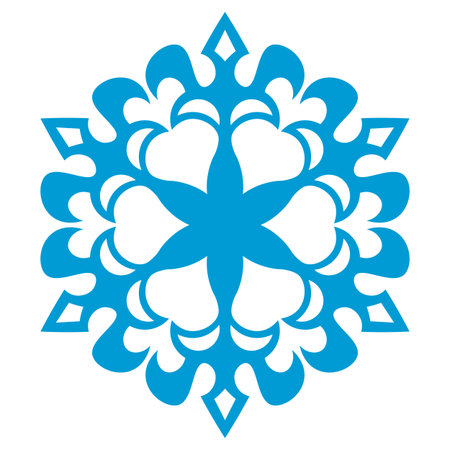 Blue template snowflake. Isolated snowflakes icon, round mandala. Winter Holiday cartoon flat illustration. Merry Christmas and New year Vector. Hand draw styleのイラスト素材