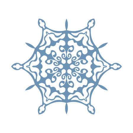 Blue template snowflake with shadow. Isolated snowflakes icon, round mandala. Winter Holiday cartoon flat illustration. Merry Christmas and New year Vector. Hand draw styleのイラスト素材