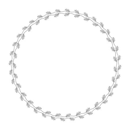 Hand drawn plants, dividers, wreaths, border frames. Circle floral frame with leaves on white background. Vector hand drawn illustration for wallpaper, posters, card. Copy space. Doodle styleのイラスト素材