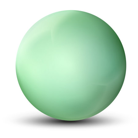 Glass green ball or precious pearl. Glossy realistic ball, 3D sphere. Abstract vector illustration highlighted on a white background. Big metal bubble with shadowのイラスト素材