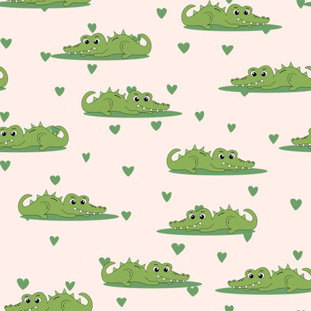 Animal seamless pattern with cartoon crocodiles on color background. Cute holiday illustration with crocodile for baby. Design for invitation, poster, card, fabric, textile, wrapperのイラスト素材