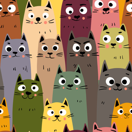 Seamless pattern with cute kitten print. Different scandy cats on color background. Scandinavian style illustration for kids. Vector illustration for fabric, textile, wallpaper, home clothing, pajamaのイラスト素材