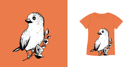 T-shirt with bird pattern. Women jersey, sport uniform kit, short fashion top, round neck blouse. Sketch Illustration. Template mock upのイラスト素材