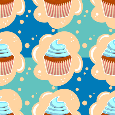 Seamless pattern wiht muffin cake, sweet cupcake with cream, delicious pastries. Modern vector illustration for cafe, restaurant, fabric, textile. Dessert background for a candy barのイラスト素材