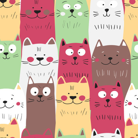 Seamless pattern with cute kitten print. Different scandy cats on color background. Scandinavian style illustration for kids. Vector illustration for fabric, textile, wallpaper, home clothing, pajamaのイラスト素材