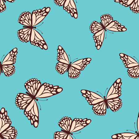 Seamless pattern with funny colorful Butterflies, flowers. Color flat vector illustration for invitation, poster, card, textile, fabric. Butterfly graphic design print. Trendy animal motif wallpaperのイラスト素材