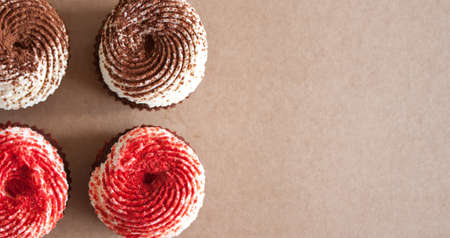 Chocolate cupcakes with cream cheese frosting, decorated with cocoa and dried strawberry powder.の写真素材
