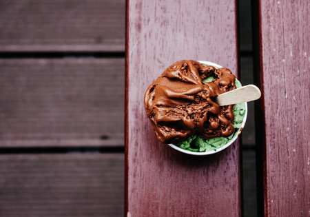Gourmet chocolate and basil ice cream in paper cup on wooden bench.の写真素材