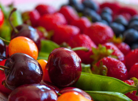 Fresh summer fruits and berries plate for lunch.の写真素材