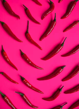 Fresh red cayenne peppers on neon pink vibrant background.の写真素材