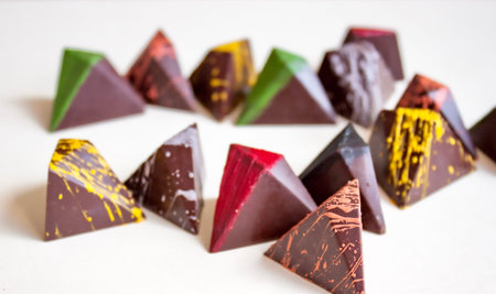 Dark chocolate colorful pralines on white background.の写真素材