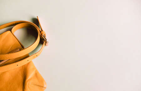 Mustard yellow leather mini bag on trendy light beige background. の写真素材
