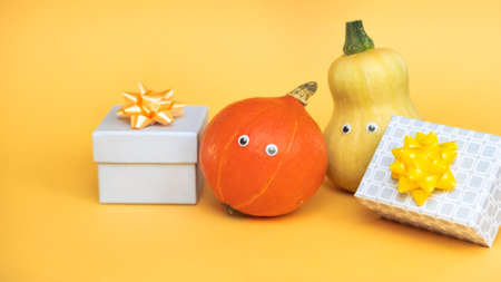 Two multicolored pumpkins and gift boxes on trendy orange background. Halloween funny holiday banner concept.の写真素材