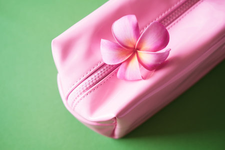 Pink cosmetic bag and Hawaiian plumeria tropical flower on vivid green background. Beauty concept.